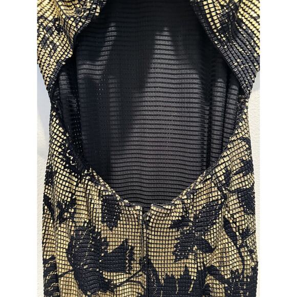 Vintage Janine Medium Gold Black Floral Cocktail Dress Open Back Mosaic Retro - Picture 9 of 16